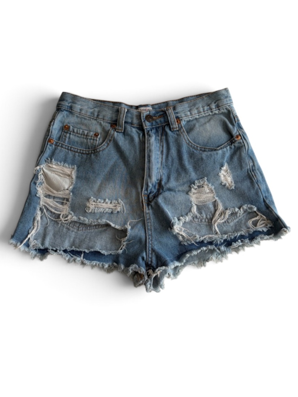 Fashion Nova Blue Distressed Denim Jean Shorts Size Medium Ripped Holes